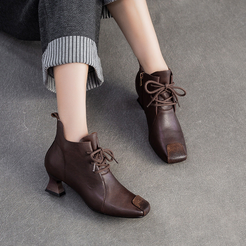 Women's Shu First Layer Cowhide Square Head Zipper High Fashion Women's Shoes