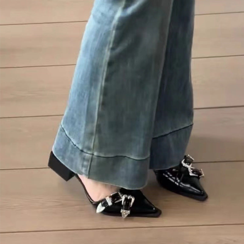 Women's Belt Buckle Punk Style Mary Jane Thick Flat Sandals