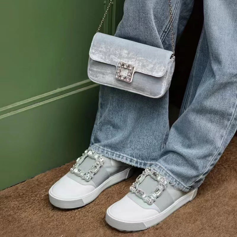 Women's Rhinestone Square Buckle Soft Flat Cloud Casual Shoes