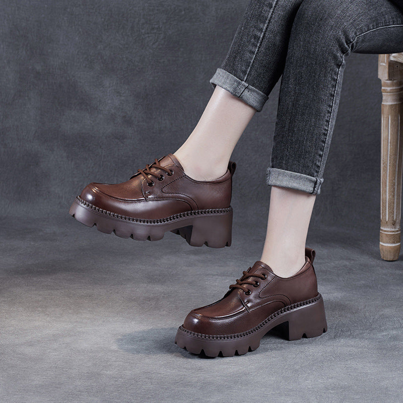 Women's Platform Lace Up Small Brown British Style Heightened Single Women's Casual Shoes
