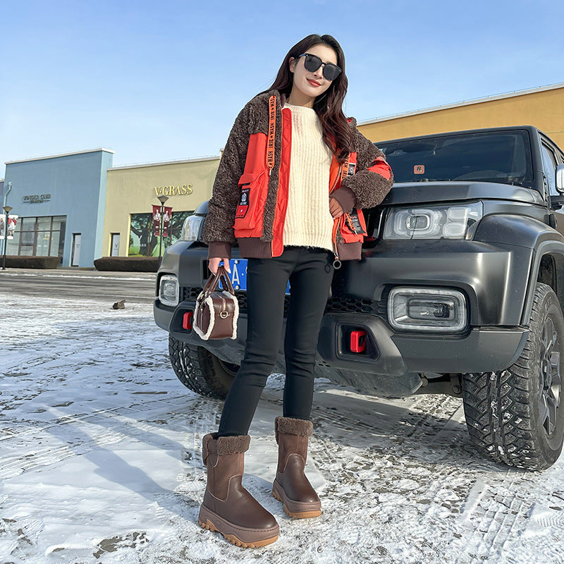 Women's First Layer Cowhide Winter Platform Plus Women's Snow Boots