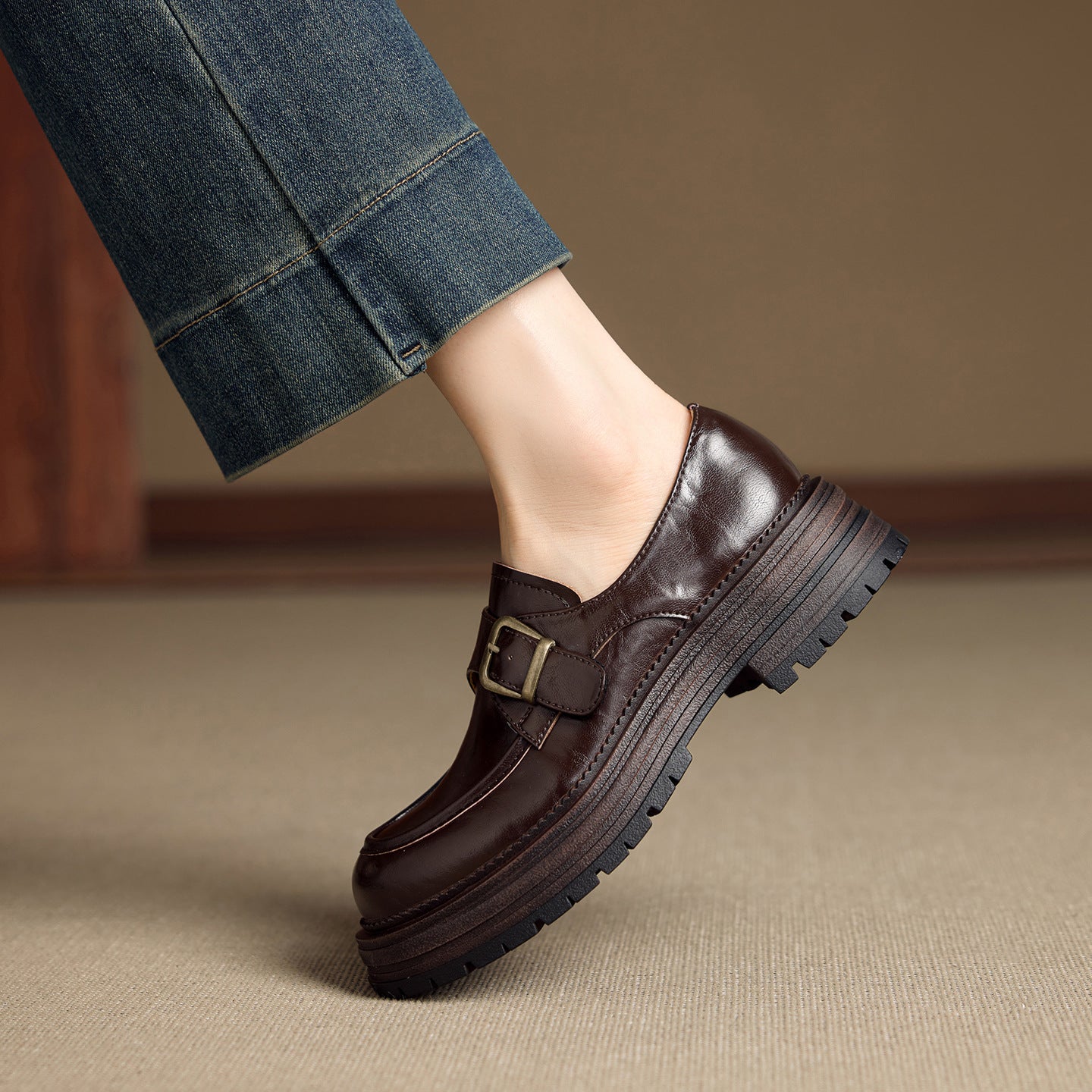 Buckle Thick-soled British Style Vintage Black One Pedal Single-layer Cowhide Leather Shoes