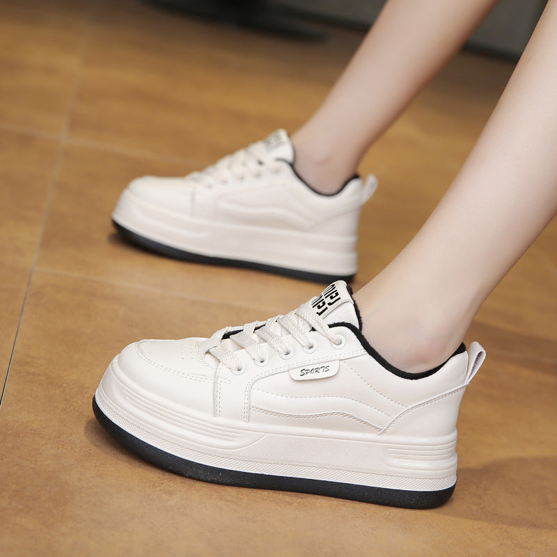 Women's Winter Korean Style Thick-soled Low Brushed White Fashionable Sneakers