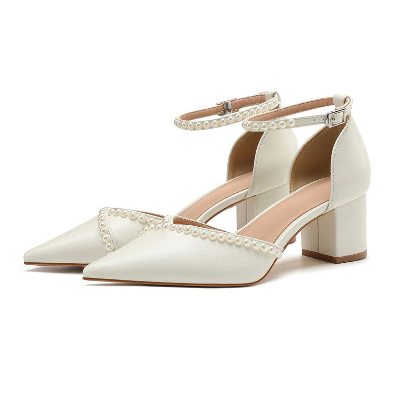 Women's Buckle Hollow Chunky Handmade Sticker Pearl Niche Shallow Mouth Pumps Women's Fashion Shoes