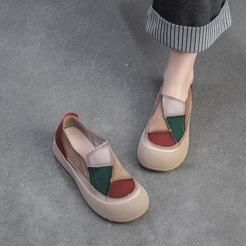 Women's Matching Patch Top Layer Cowhide Comfortable Men's Shoes