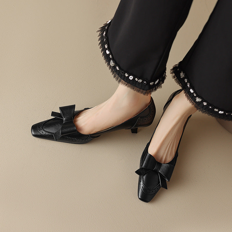 Women's Bow Elegant Graceful High Square Toe Low-cut Stiletto Women's Fashion Shoes