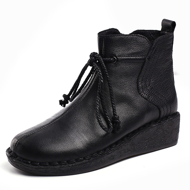 Women's Wedge Side Zipper Round Toe Vintage Height Leather Shoes