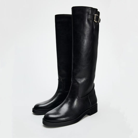 Round Head Chunky Pants British Style Buckle Decoration Knight Flat Boots