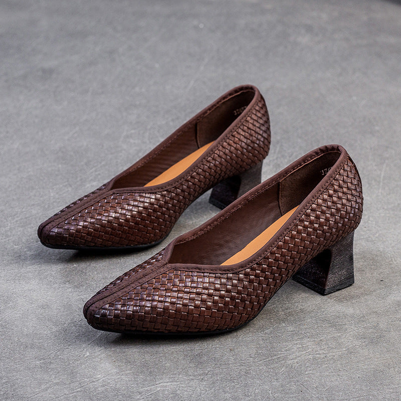 Weave Pointed Toe Low-heeled Shallow Mouth Casual Shoes