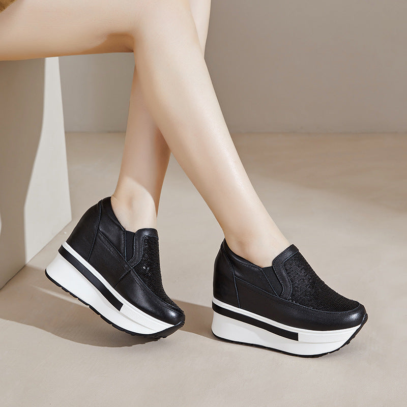 Women's Invisible Elevated Platform Wedge Top Layer Cowhide Slip-on Women's Fashion Shoes