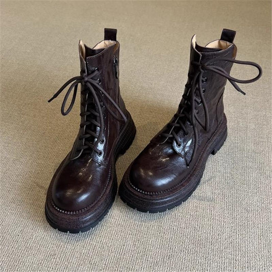 Women's Heavy Super Easy To Wear Soft Platform Ankle British Women's Leather Boots