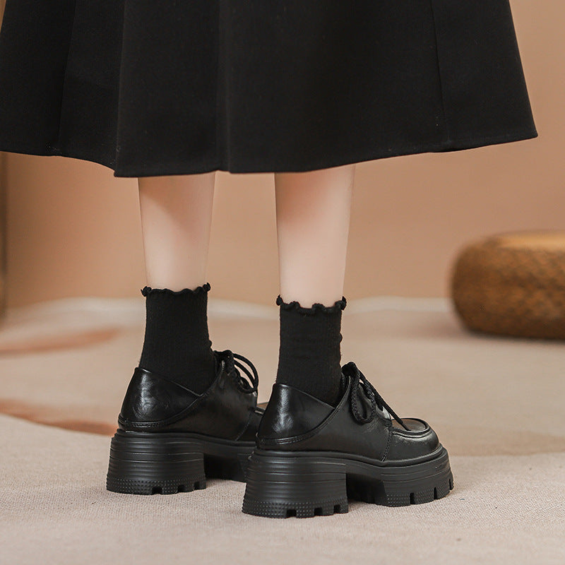 Women's Autumn Invisible Elevated British Style Retro Easy Matching Chunky Round Women's Casual Shoes