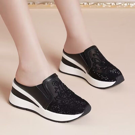 Women's Versatile Half Thick Bottom Mesh Breathable Rhinestone High Thick-soles Slippers