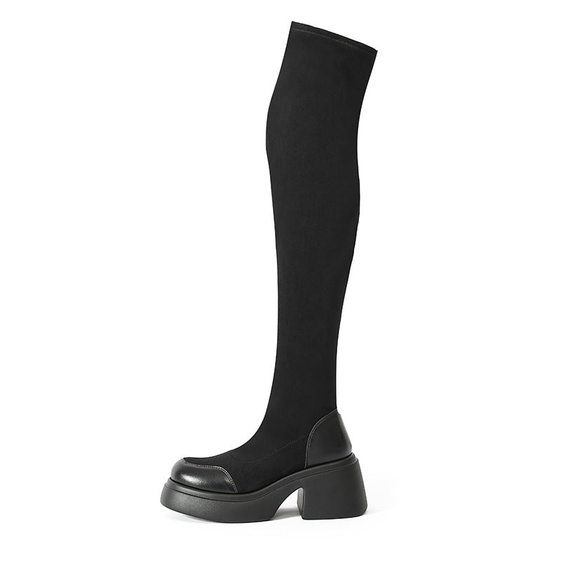 Women's Small Thick Bottom Round Head Over The Knee Korean Style Women's Leather Boots