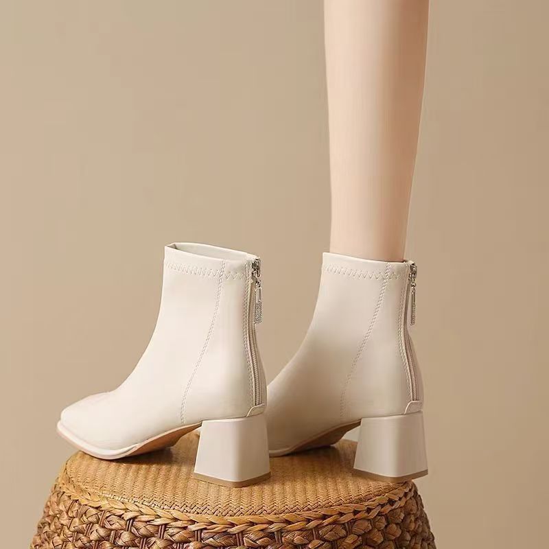Women's Skinny Slimming Martin Square Toe Ankle Fleece-lined Small Fashionable White Women's Leather Boots