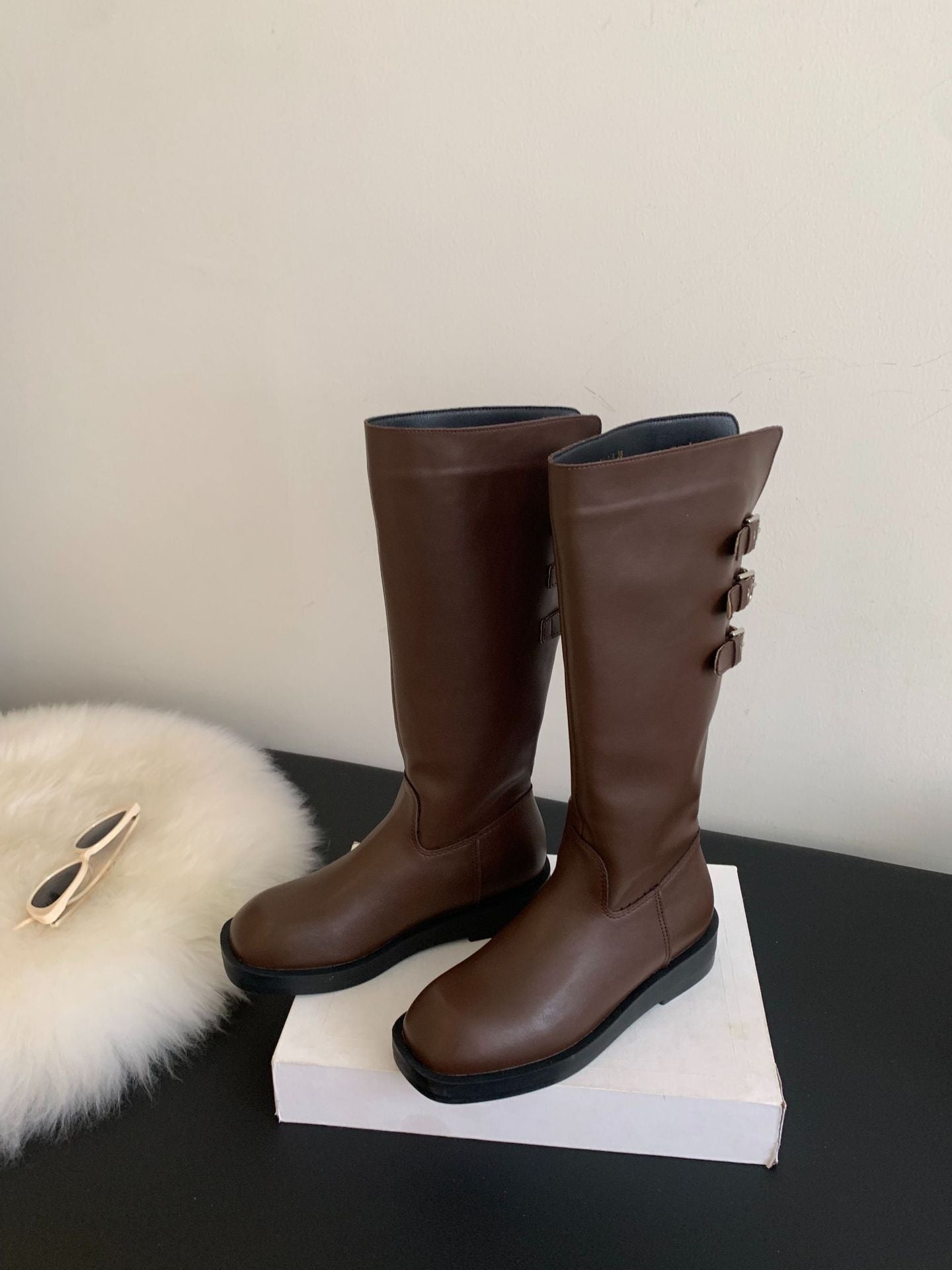 Women's Flat Bottom Small Chunky Tall Knight Women's Leather Boots