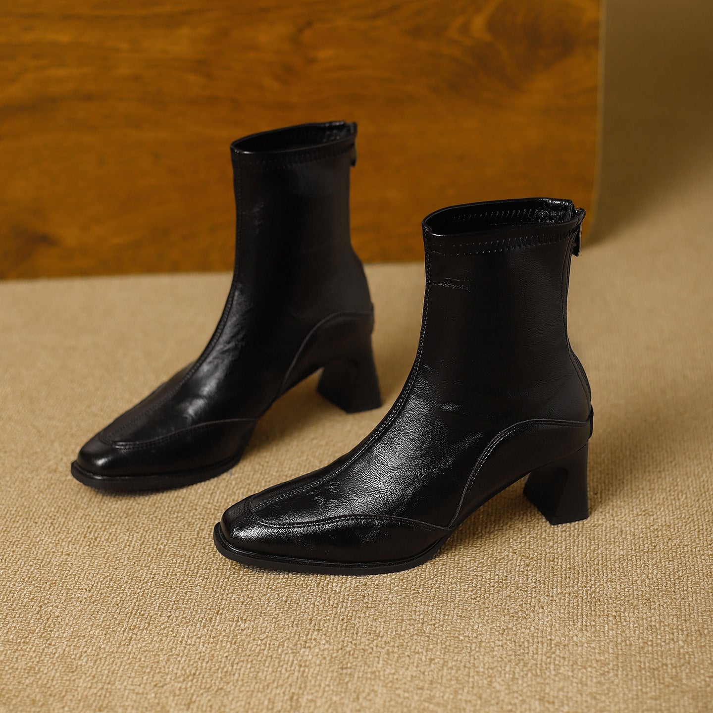 Women's Retro Square Toe High Short Autumn Zip Soft Fashionable Temperamental Women's Leather Boots
