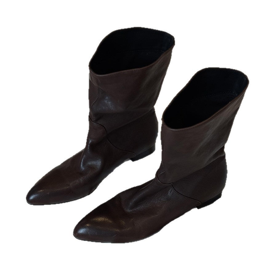 Women's Style Retro Elegant Pointed High-grade Wide Tube Slimming Women's Leather Boots