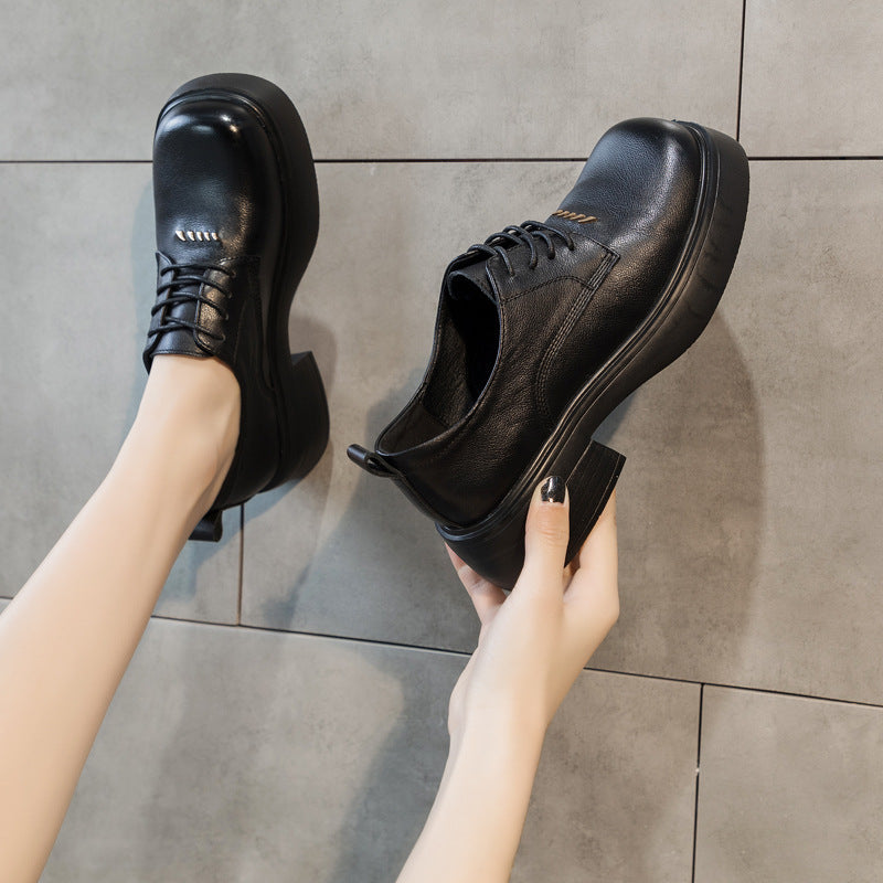 Women's Korean Style Versatile Cowhide Spring Chunky Casual Shoes