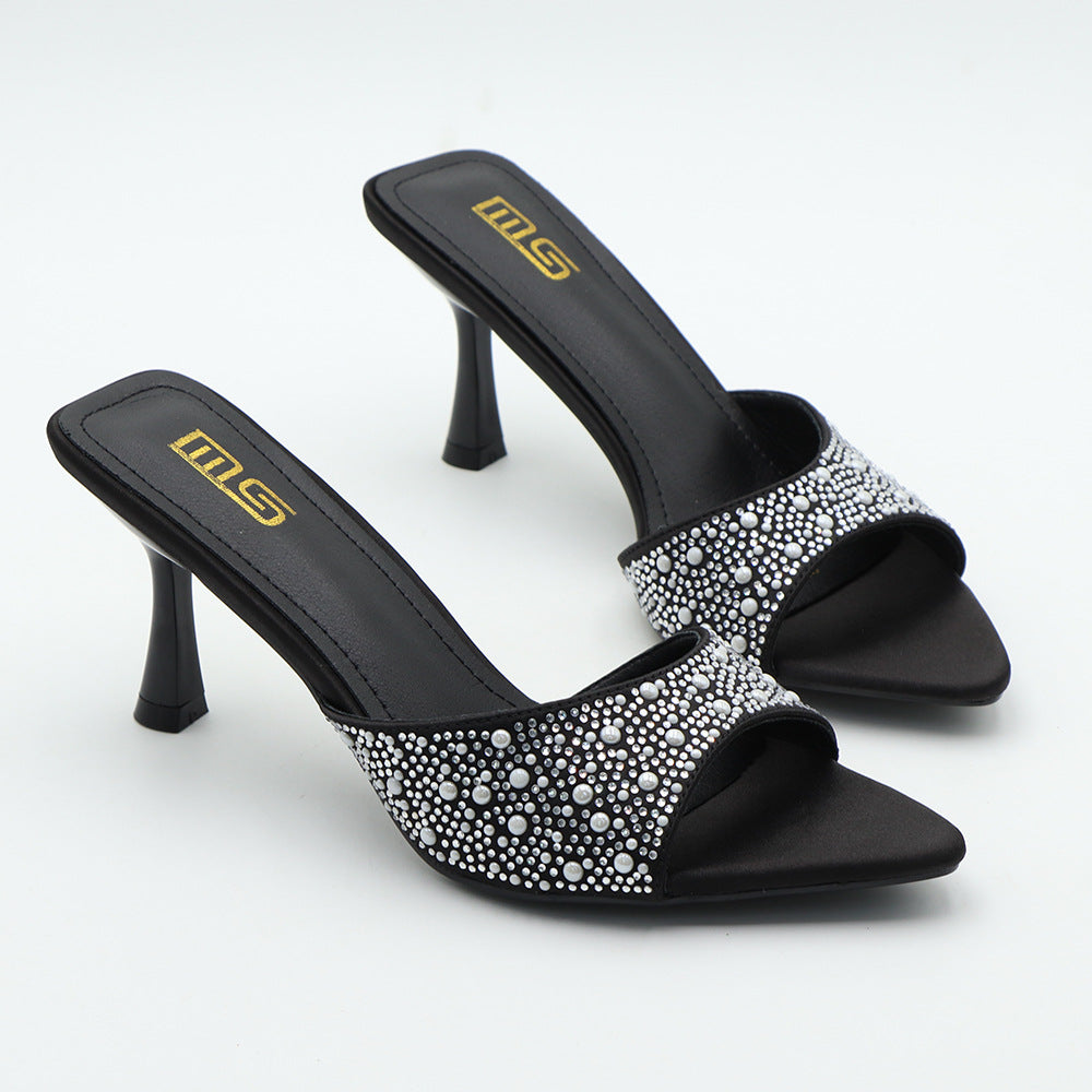 Women's High Summer Satin Surface Rhinestone Stiletto Pointed Toe Strap Heels