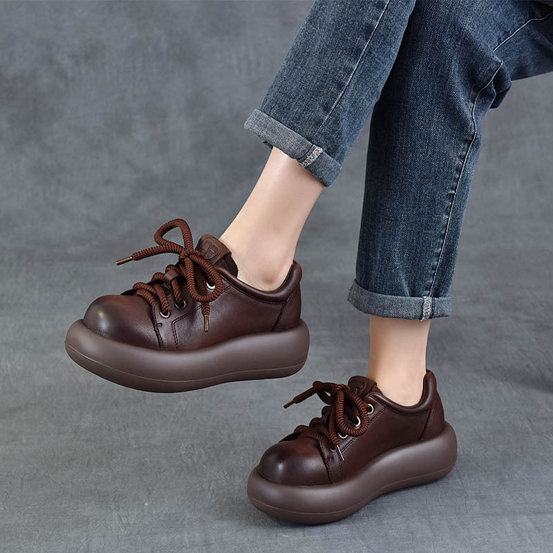 Women's Platform High Pumps First Layer Cowhide Retro Women's Casual Shoes