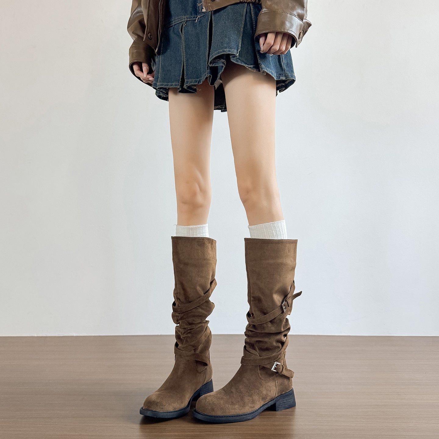 Women's Toe Elegance Retro Suede Long Martin High-heel Chunky French Women's Leather Boots