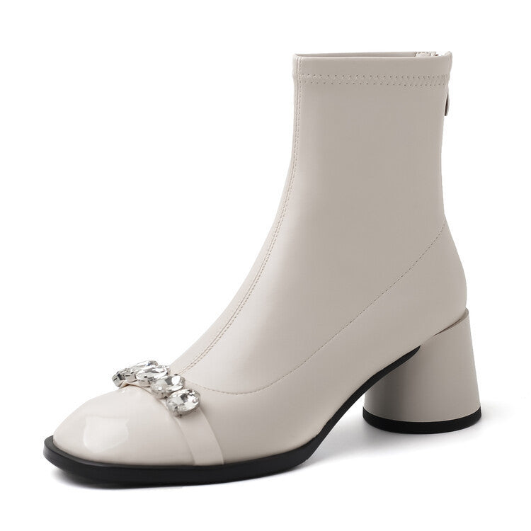 Women's Rhinestone French Round Head Chunky Stretch Thin Women's Leather Boots