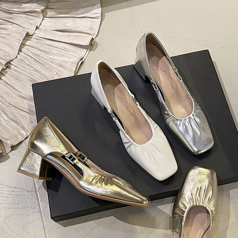 Entry Lux Elegant Pleated Chunky Mary Jane Female Square Toe Women's Fashion Shoes
