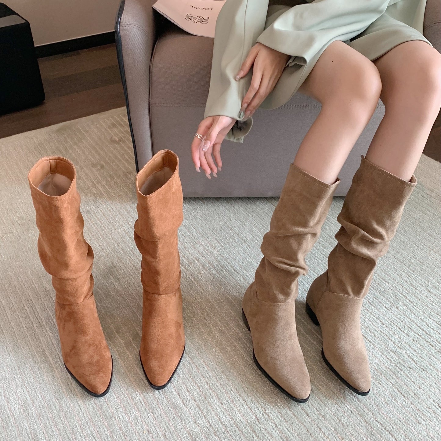Women's Grape Mom Retro Pointed Toe Chunky Heightened Western Denim Heels