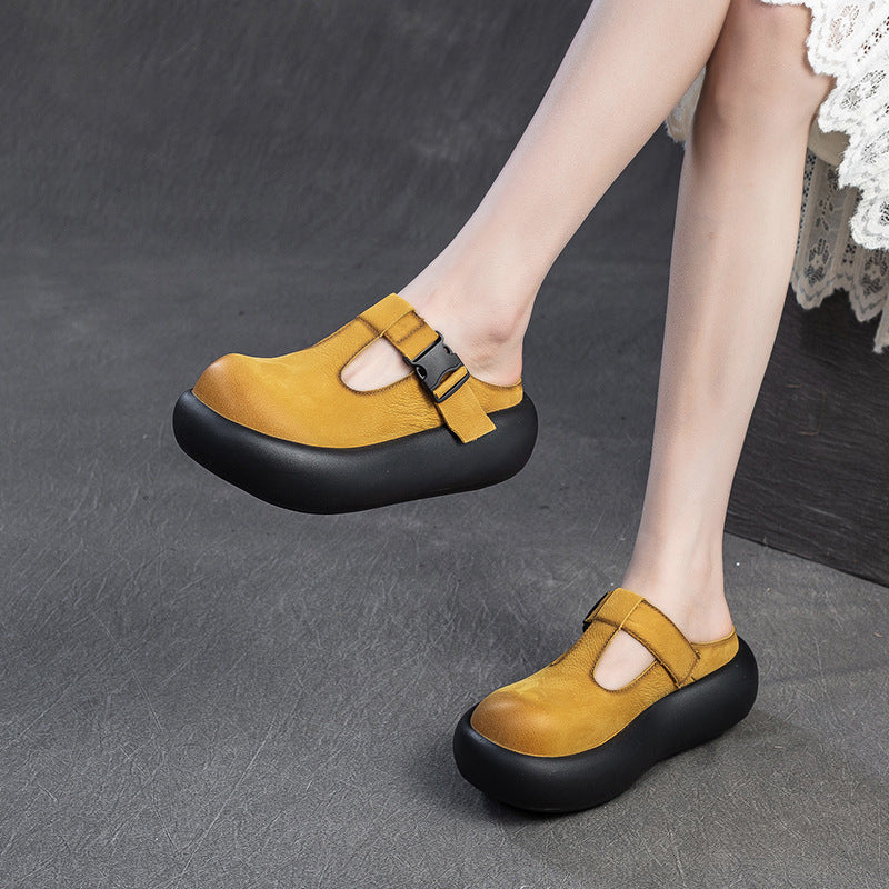Women's First Layer Cowhide Closed Toe Light Luxury Minority Thick-soles Slippers