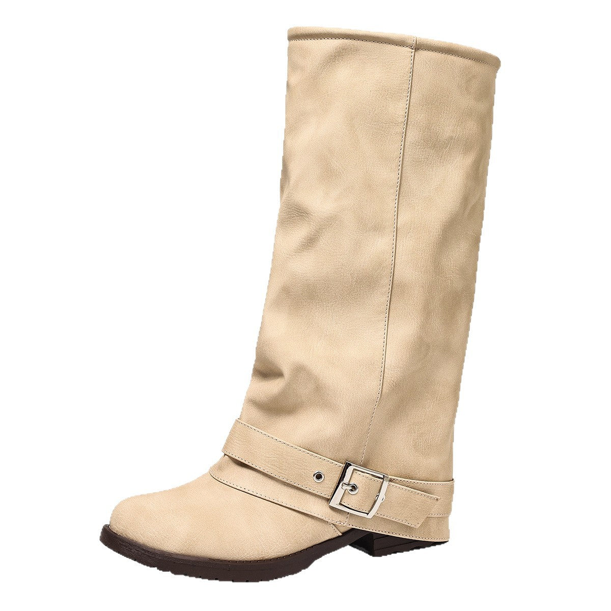 Women's Ankle Female Slip-on Round Head Knight Knee-high Belt Buckle Western Women's Leather Boots