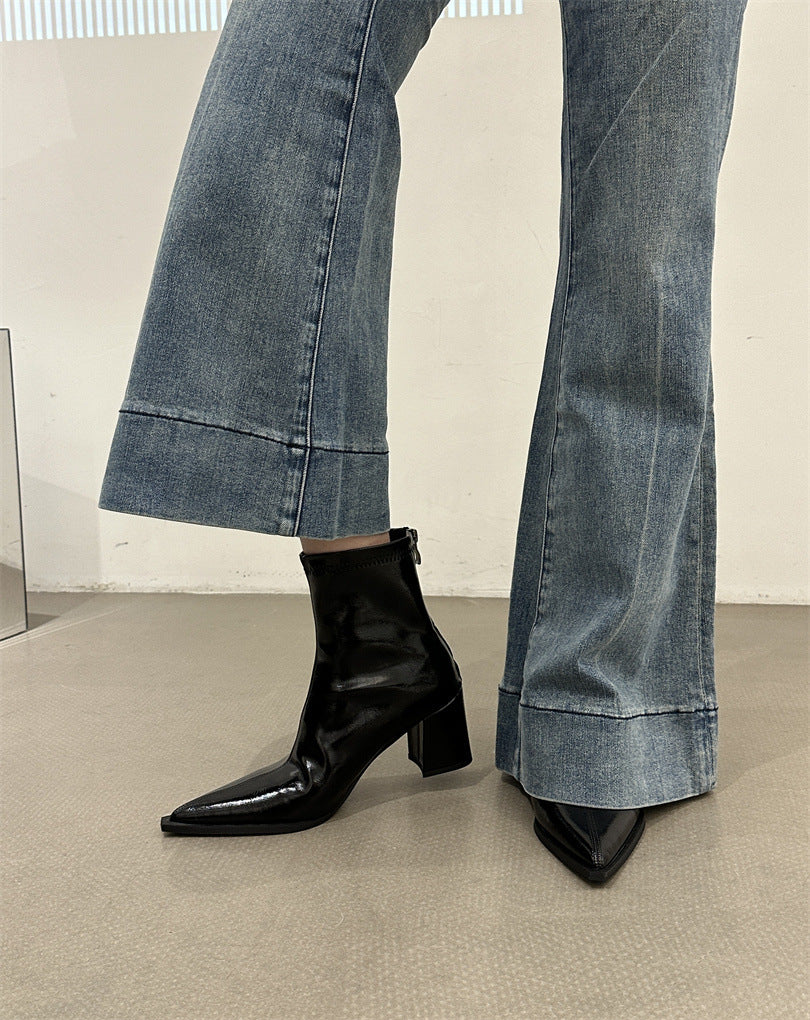 Women's Pointed High Korean Style Small Ankle Brown With Skirt Women's Leather Boots