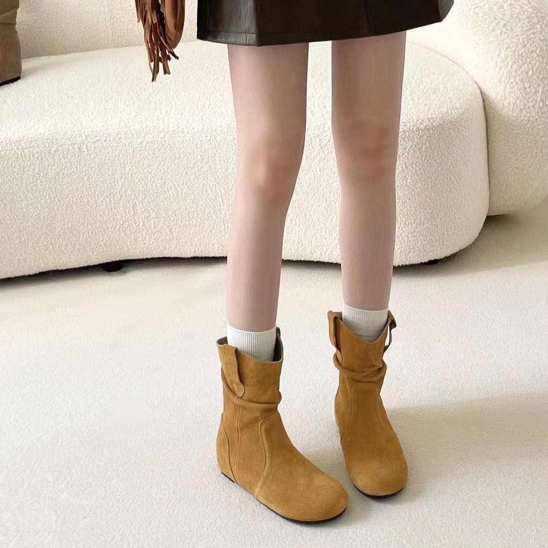 Women's Retro Height Increasing Insole Pile Style Slimming Western Short Boots