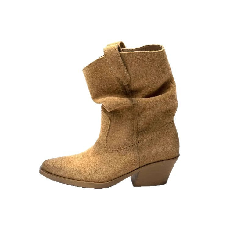 Women's Version Chunky Martin Retro Western Cowboy Pile Style Square Women's Leather Boots