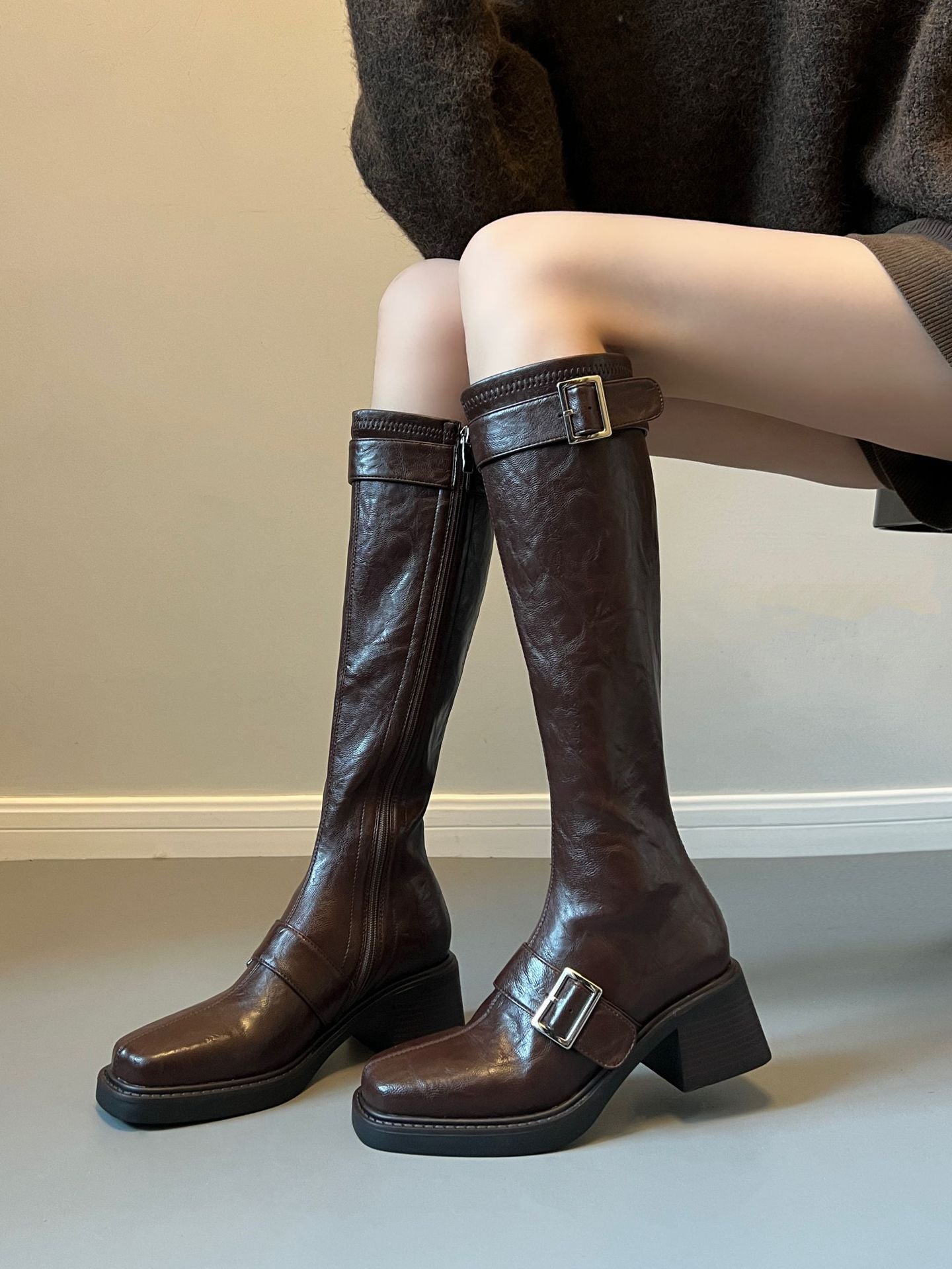Leg Small Tube Circumference Long Female Knight Thick Below Women's Leather Boots