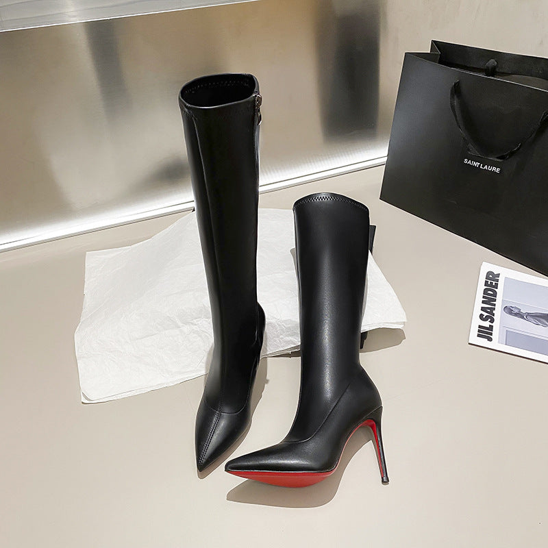 The Knee High-heel Zipper Black Long Toe Boots