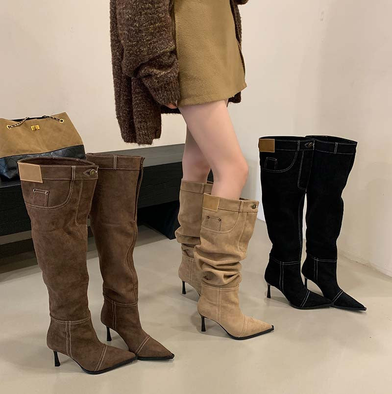 Denim Pile Style Stiletto Button Sleeve Women's Leather Boots
