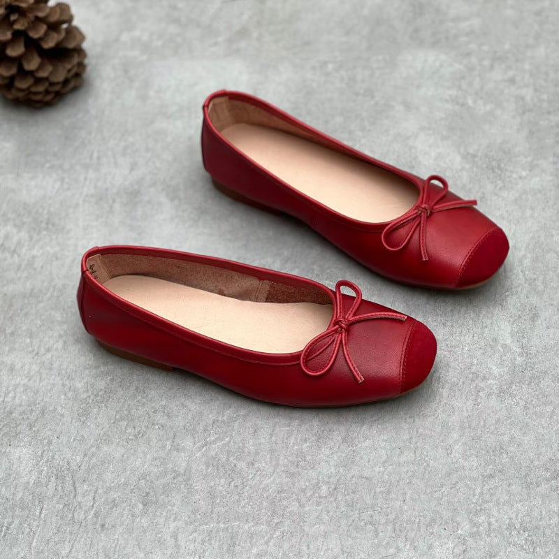 Toe Pumps Four Flat Bottom Low-cut Bowknot Soft Cowhide Female Women's Casual Shoes