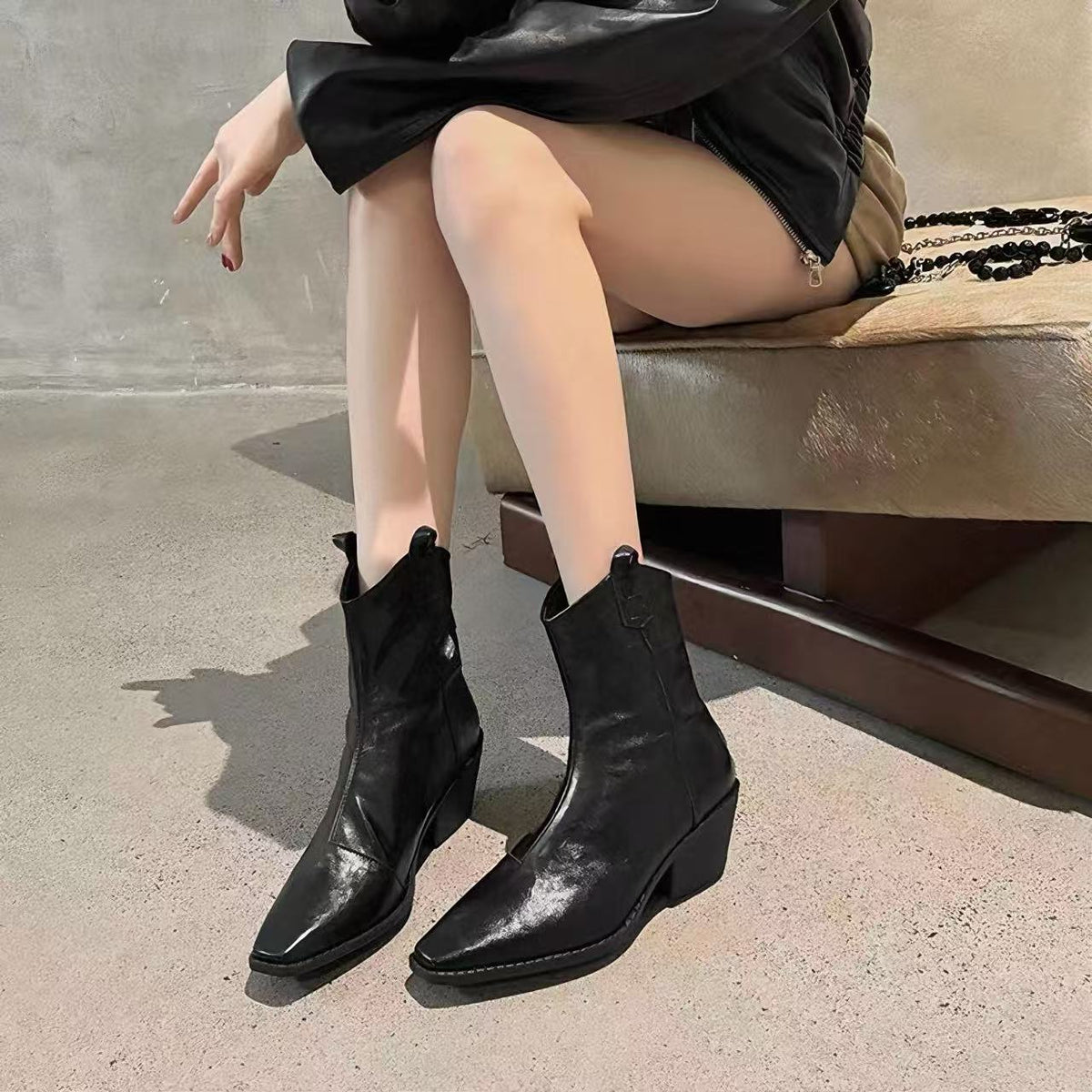 Knee-high Female Chelsea French Style Vintage Crumpled Skinny Chunky Genuine Women's Leather Boots