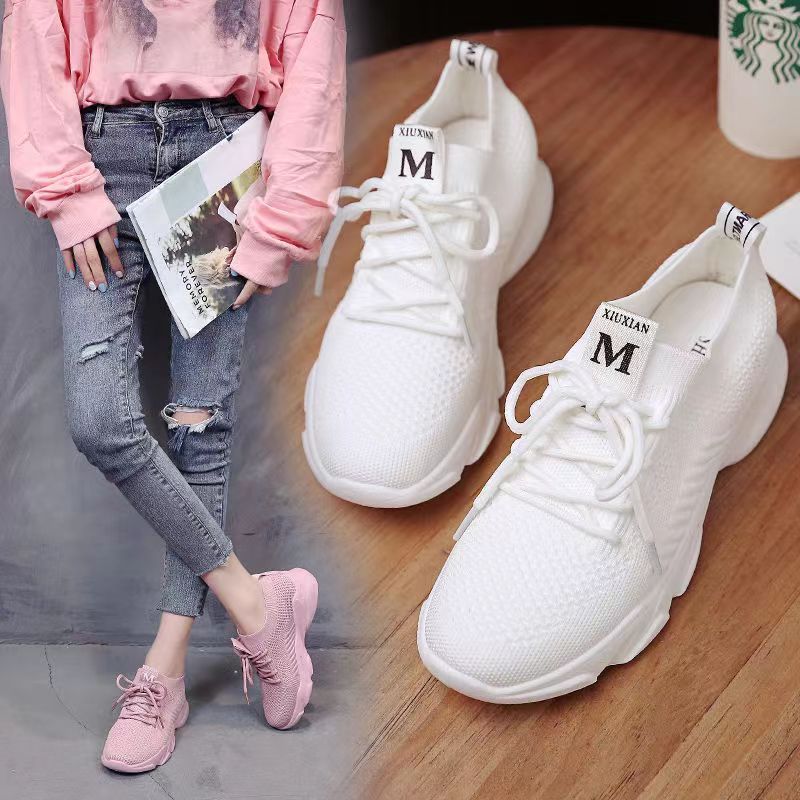 Women's White Breathable Sports Mesh Flying Woven Sneakers