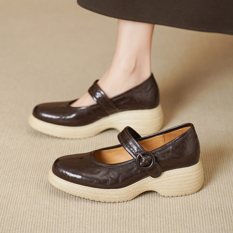 Women's Round Head Solid Color Low Cut Mary Jane Wedge Retro Women's Fashion Shoes