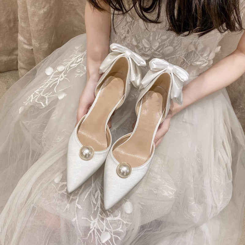 Women's Solid Color Low Cut High French Satin Wedding Pumps Fairy Heels