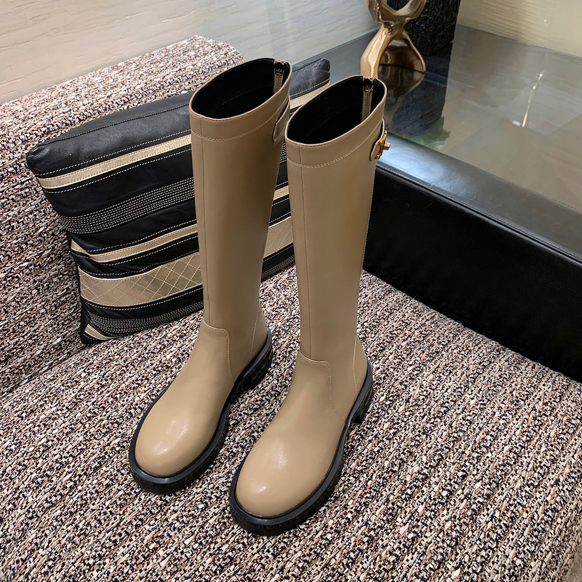 Back Zipper Round Head Thick Bottom Medium Boots