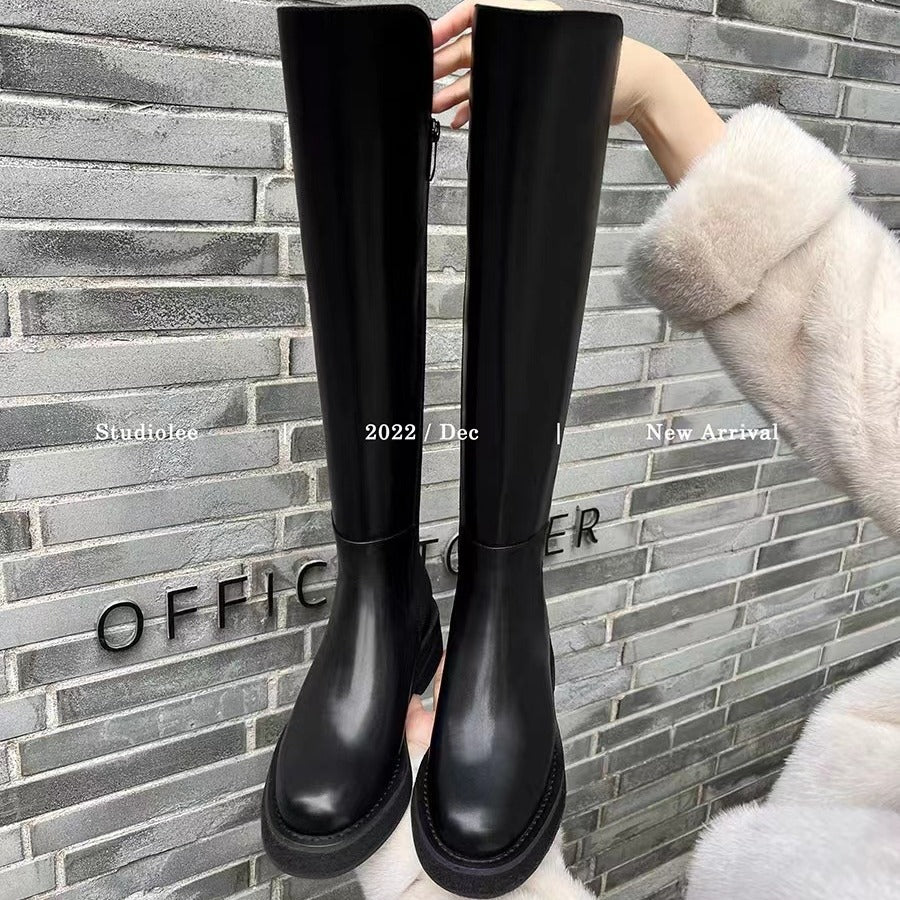 Women's Cowhide Winter Thick Bottom Small Elastic Knight Women's Leather Boots