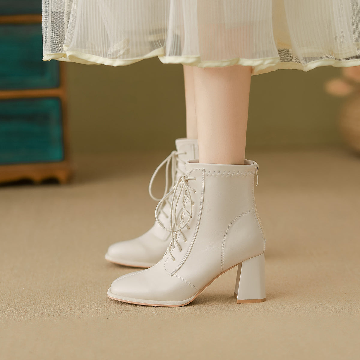 Women's Style Square Toe Elastic Chunky Ankle Martin Boots