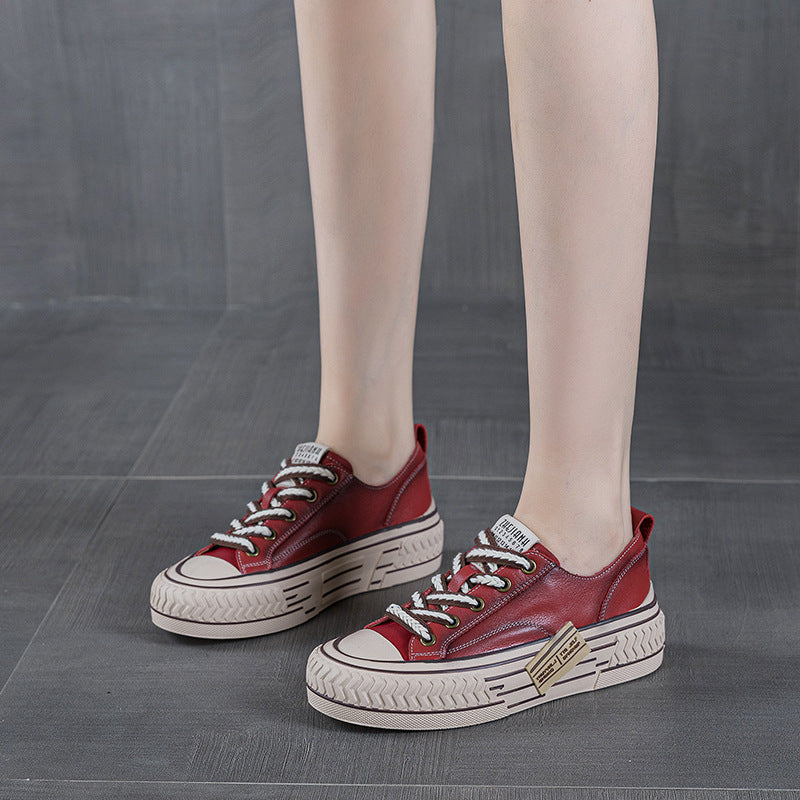 Women's Cowhide Retro Red Spring Versatile Sports Women's Board Shoes