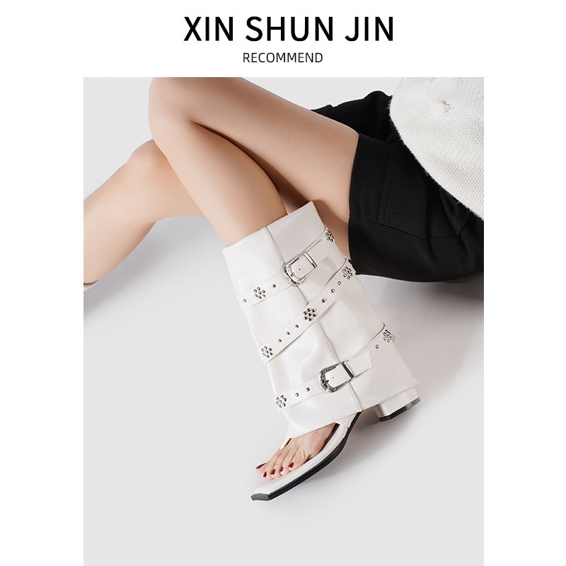 Women's Punk Black Rivet Flip-flops Summer Retro Buckle Women's Shoes