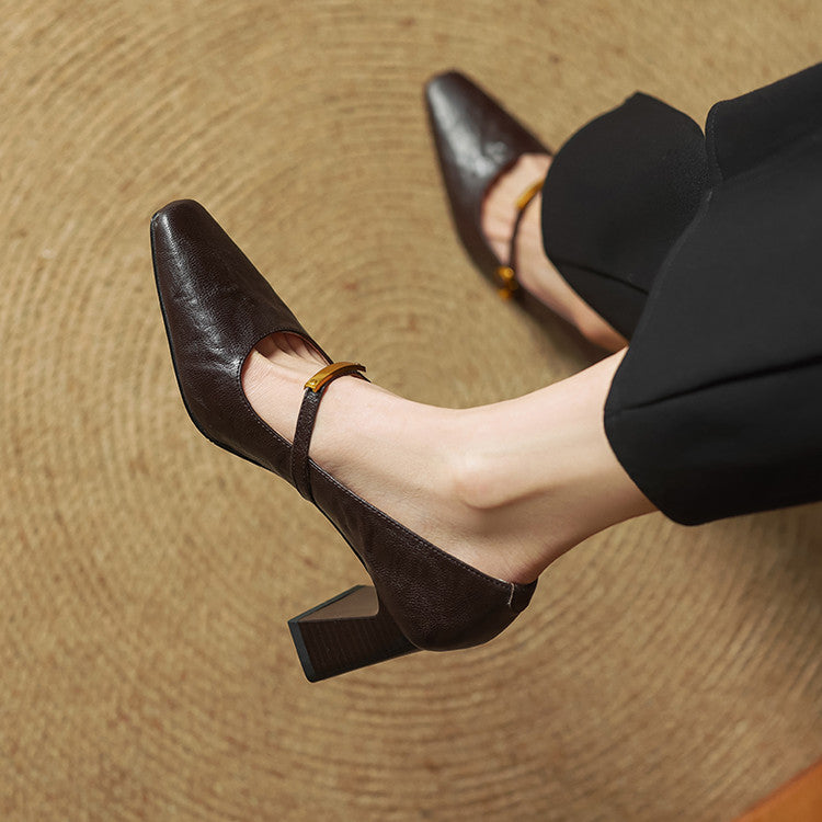 Women's French Retro Authentic Square Toe High Chunky Brown Thin Plus Women's Casual Shoes