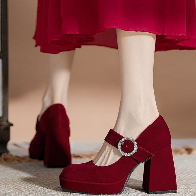 Women's Chunky Mary Jane Wedding Rhinestones Strap Women's Fashion Shoes