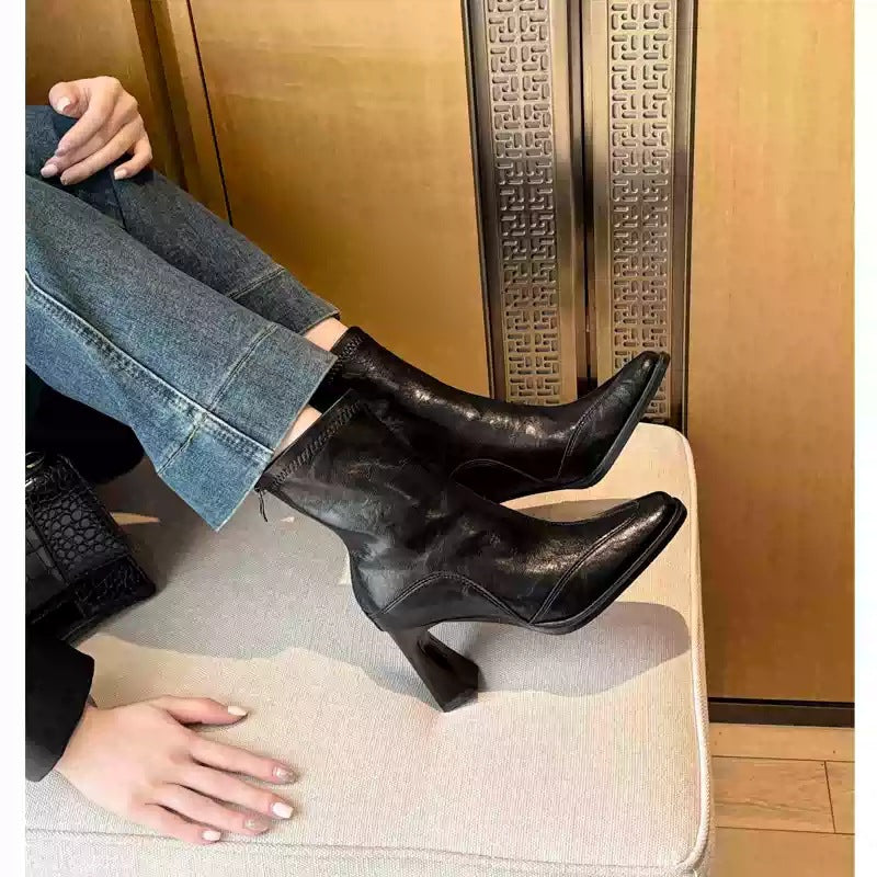 Women's Version Korean Style High Square Toe Skinny Short Chunky Vintage Women's Leather Boots